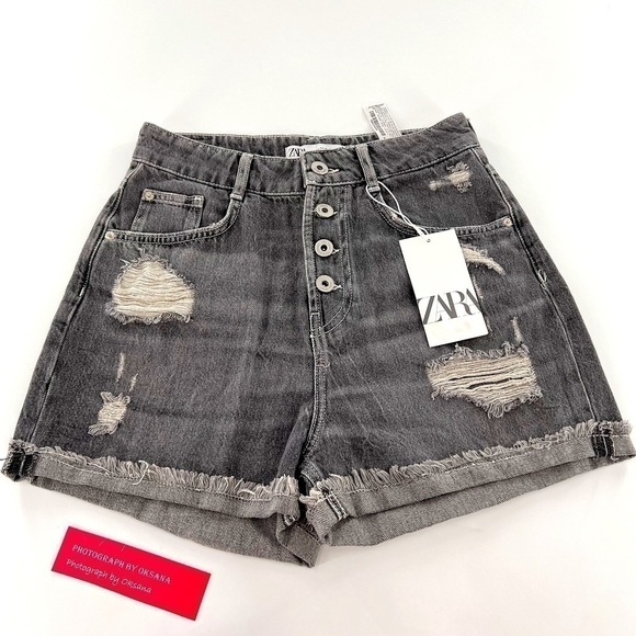 Zara Gray Distressed High Rise Mom Shorts Button Fly size 4 - Picture 12 of 12